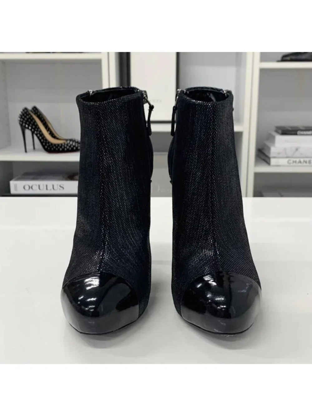 Chanel Cocomark Leather Metallic Short Boots Black